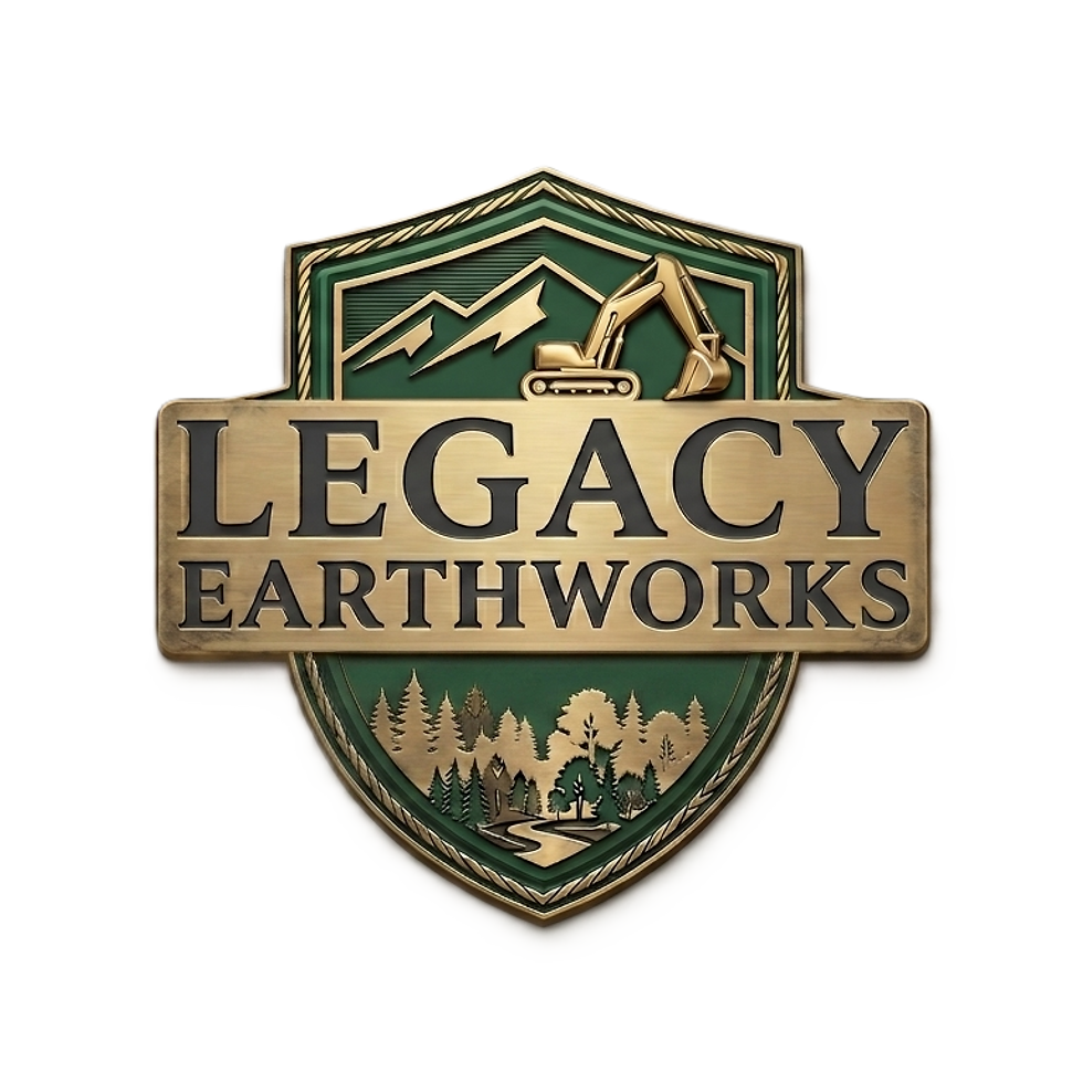 Legacy Earthworks company logo featuring a green and bronze shield badge with an excavator and mountains