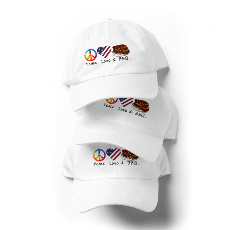 Stack of white caps, "Peace, Love & BBQ" with peace, flag, grill.