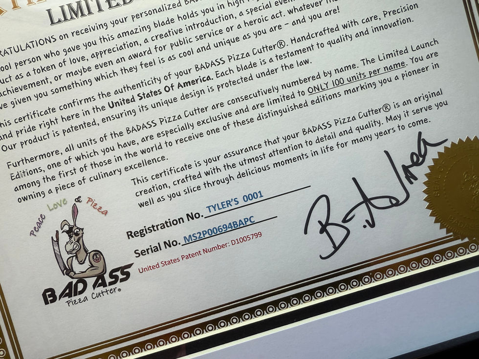 LIMITED BAD ASS Pizza Cutters certificate, with registration and serial numbers.