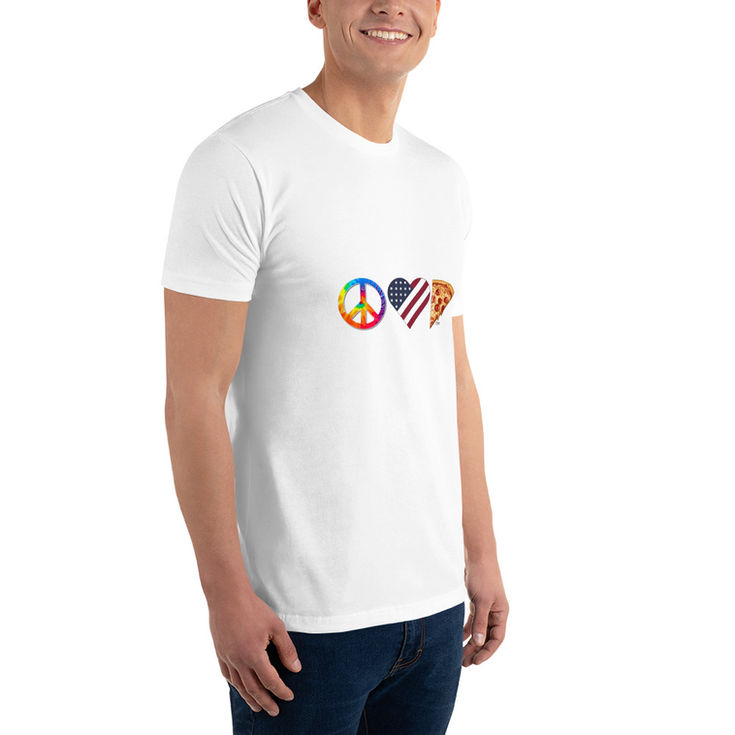 Man wearing white t-shirt featuring peace sign, heart, American flag.