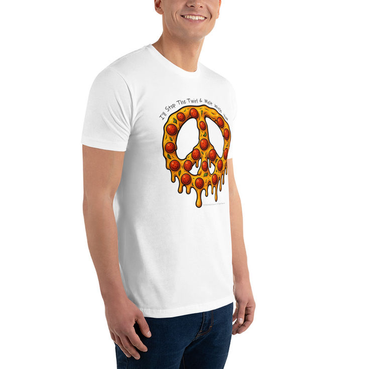Man wearing white t-shirt with "ALL YOU NEED IS PIZZA" peace sign
