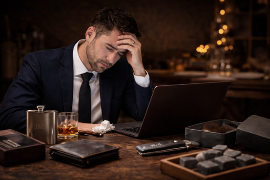 A male in a black suit jacket and black tie with a bourbon glass and flask on a desk of potential groomsmen gifts. 