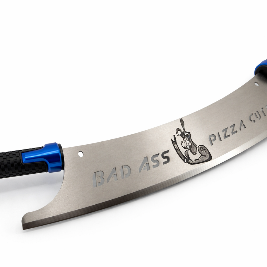 Pizza cutter with blue handles, 'BAD ASS PIZZA CHEF' and middle finger.