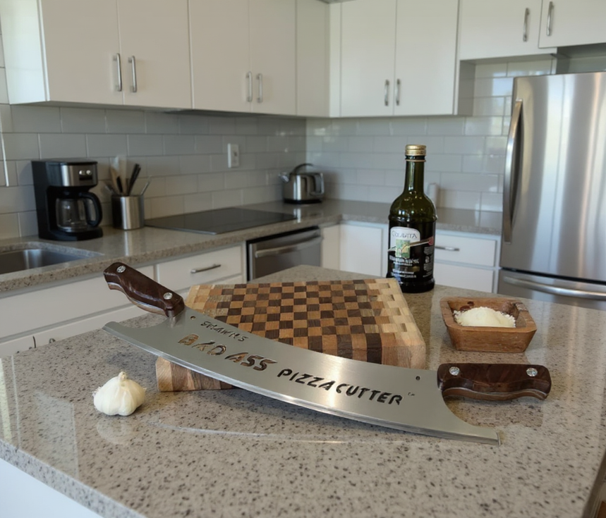 Large ROCKLANDS PIZZA CUTTER knife on kitchen counter with ingredients.