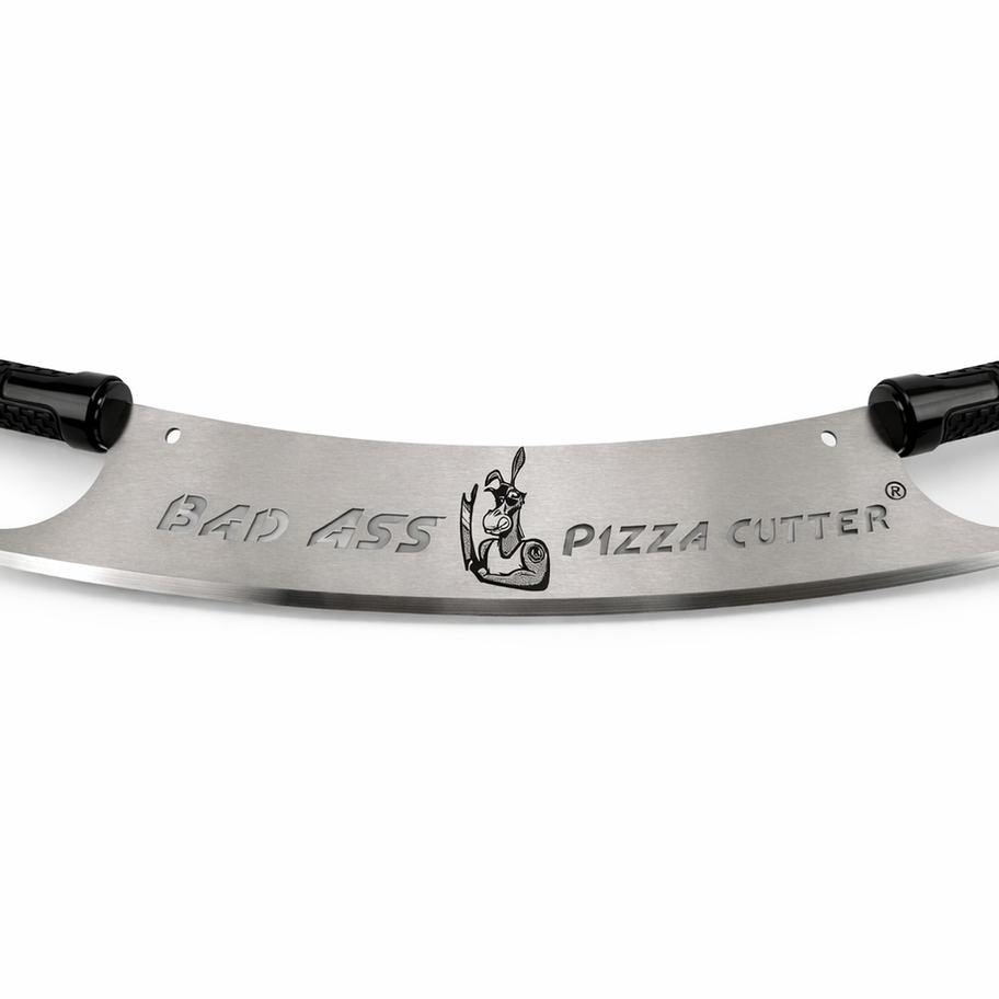Metal pizza cutter with "BAD ASS PIZZA CUTTER" text and black handles.