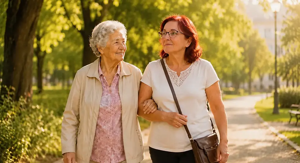 Îngrijitoare și senior la plimbare împreună prin parc – sprijin în viața de zi cu zi cu încredere și bucurie