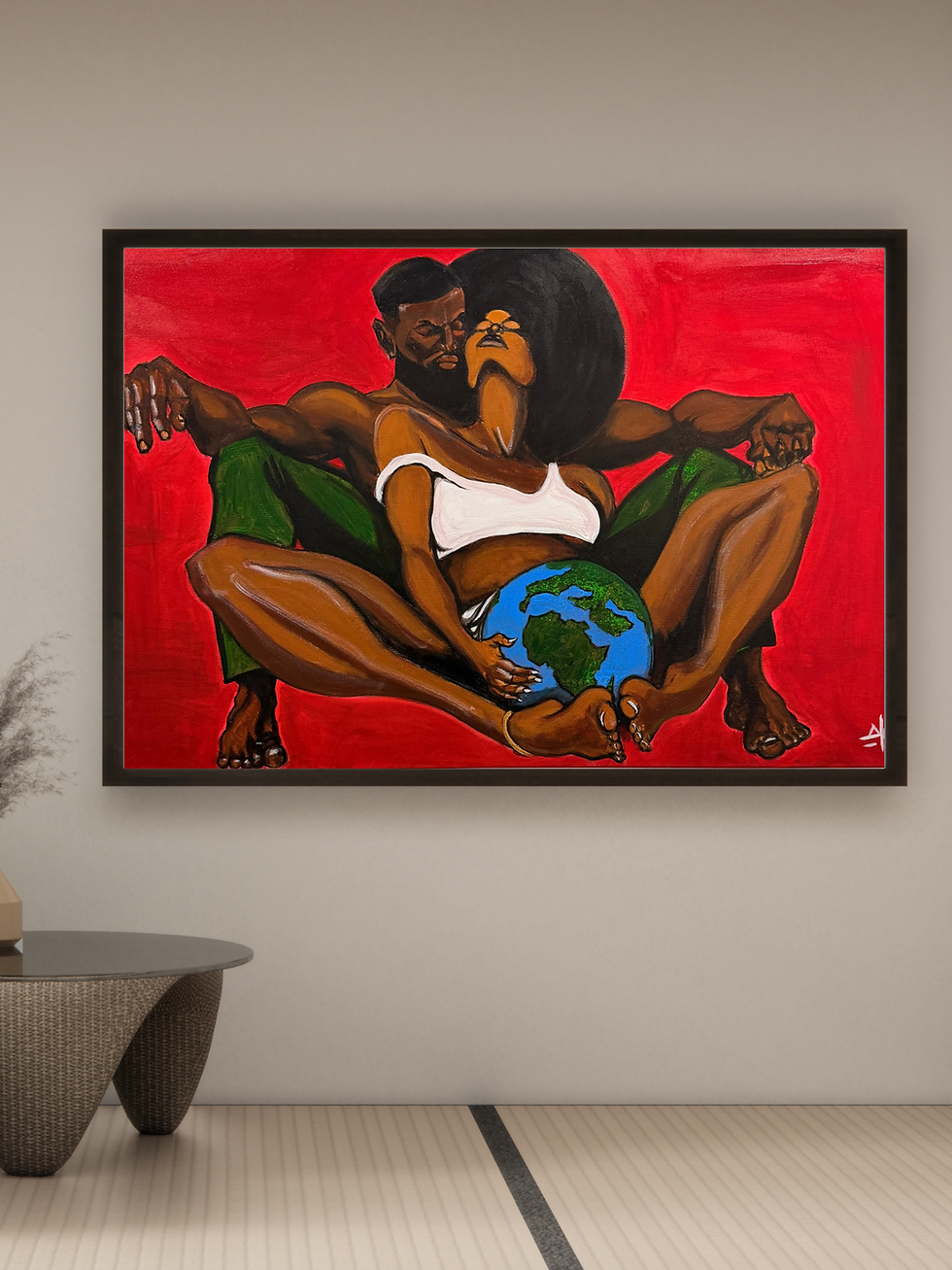 Painting of a Black couple holding a globe on red background