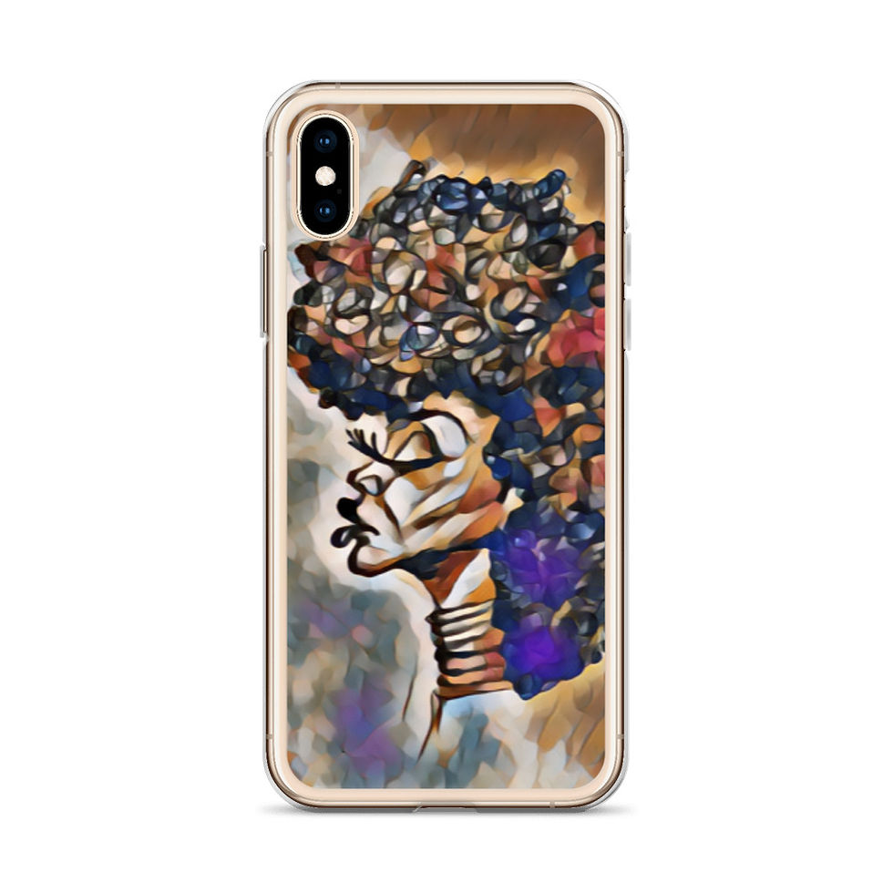 Thumbnail: An iPhone with a clear case featuring a vibrant, abstract African inspired art print. The print showcases a stylized profile of an African woman with an ornate and colorful hairstyle that resembles a blooming tree, set against a kaleidoscope of geometric shapes in rich hues. This phone case design combines modern technology with artistic expression.