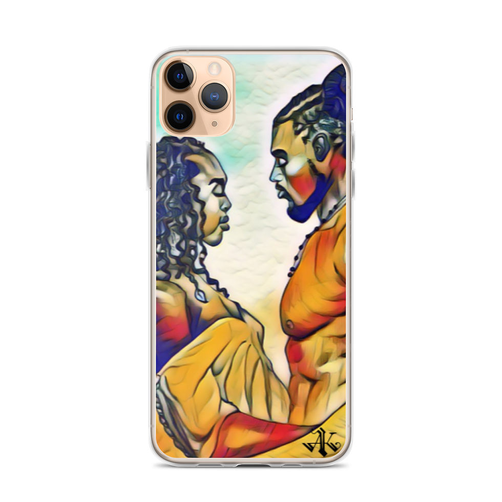 Thumbnail: A clear phone case for an iPhone showcasing a captivating, artistic rendering of two figures in profile facing each other, with their features highlighted in bold, swirling colors of yellow, orange, and blue. The artwork conveys a sense of intimacy and connection, and is signed by the artist in the lower right corner, adding a personal touch to the phone accessory.