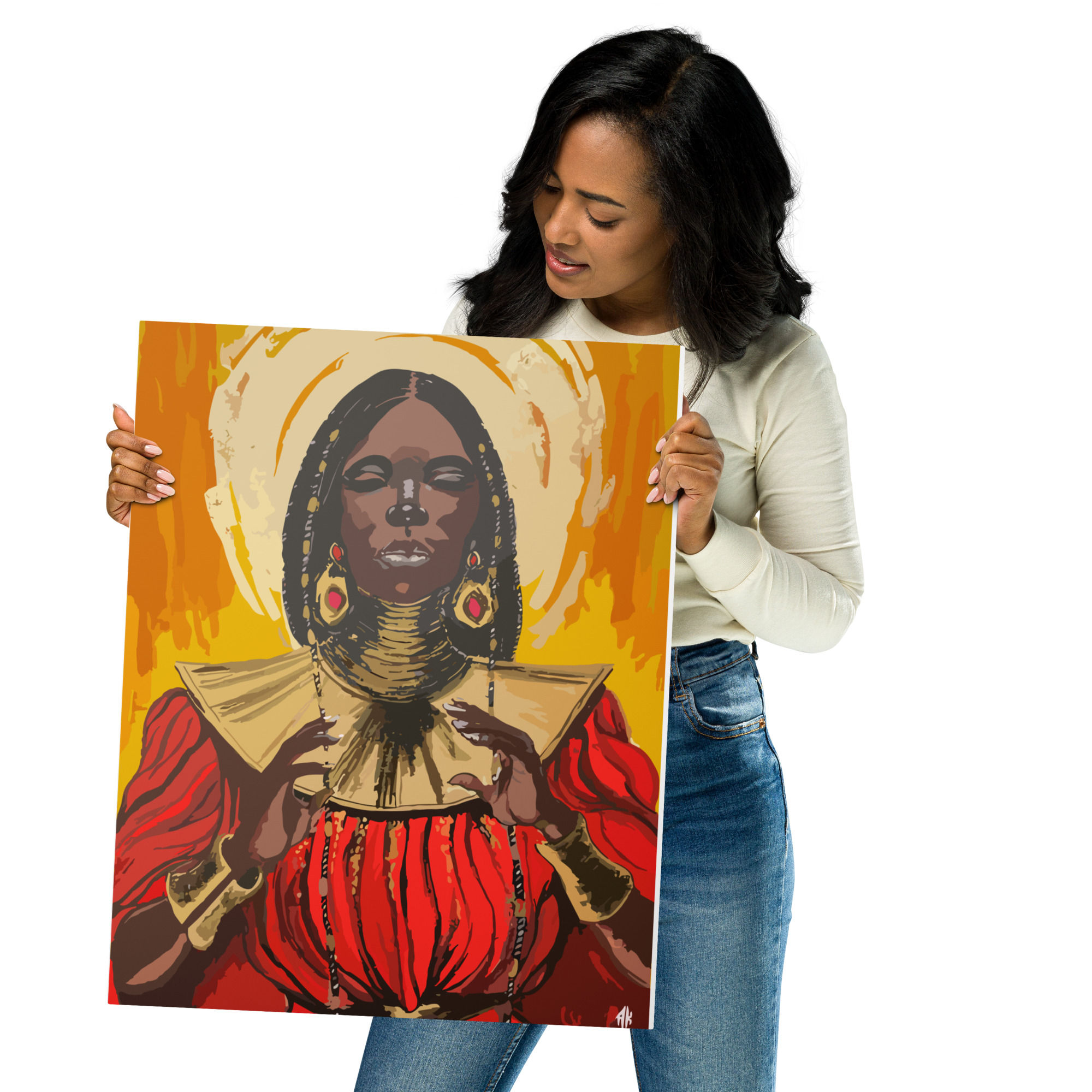 A woman with a thoughtful expression is holding up a canvas with a painting of a figure adorned with traditional African jewelry. The figure in the painting wears large hoop earrings, multiple neck rings, and a vibrant red and gold dress. The background of the painting is a rich yellow, and the woman examining the art is dressed casually in a cream top and blue jeans.