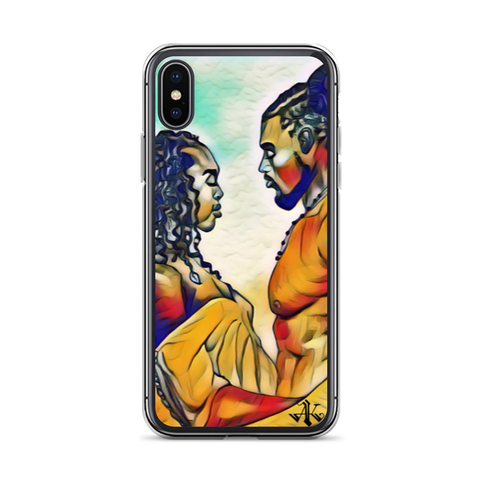 Thumbnail: A clear phone case for an iPhone showcasing a captivating, artistic rendering of two figures in profile facing each other, with their features highlighted in bold, swirling colors of yellow, orange, and blue. The artwork conveys a sense of intimacy and connection, and is signed by the artist in the lower right corner, adding a personal touch to the phone accessory.