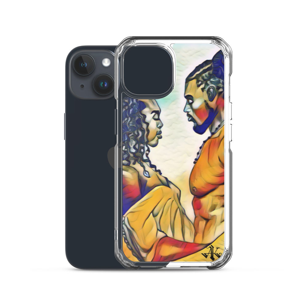 Thumbnail: A clear phone case for an iPhone showcasing a captivating, artistic rendering of two figures in profile facing each other, with their features highlighted in bold, swirling colors of yellow, orange, and blue. The artwork conveys a sense of intimacy and connection, and is signed by the artist in the lower right corner, adding a personal touch to the phone accessory.