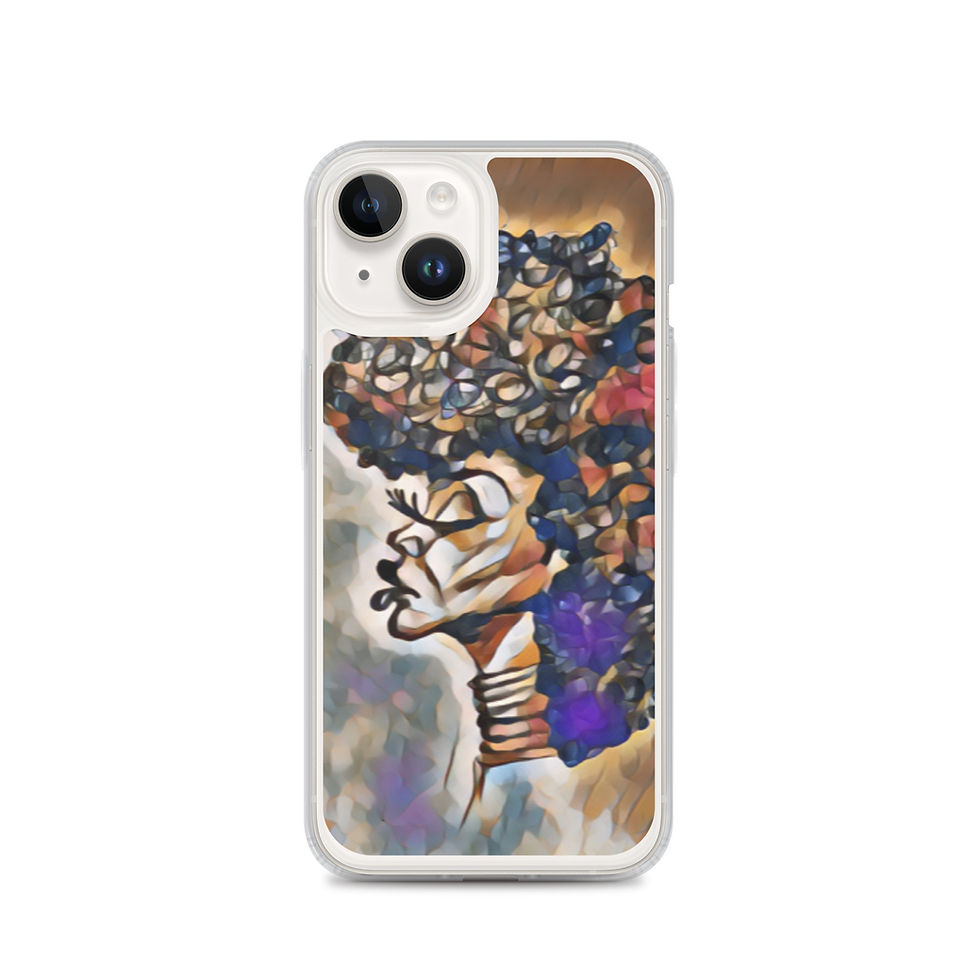 Thumbnail: An iPhone with a clear case featuring a vibrant, abstract African inspired art print. The print showcases a stylized profile of an African woman with an ornate and colorful hairstyle that resembles a blooming tree, set against a kaleidoscope of geometric shapes in rich hues. This phone case design combines modern technology with artistic expression.