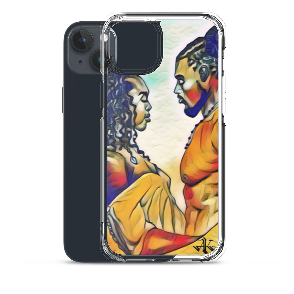 Thumbnail: A clear phone case for an iPhone showcasing a captivating, artistic rendering of two figures in profile facing each other, with their features highlighted in bold, swirling colors of yellow, orange, and blue. The artwork conveys a sense of intimacy and connection, and is signed by the artist in the lower right corner, adding a personal touch to the phone accessory.