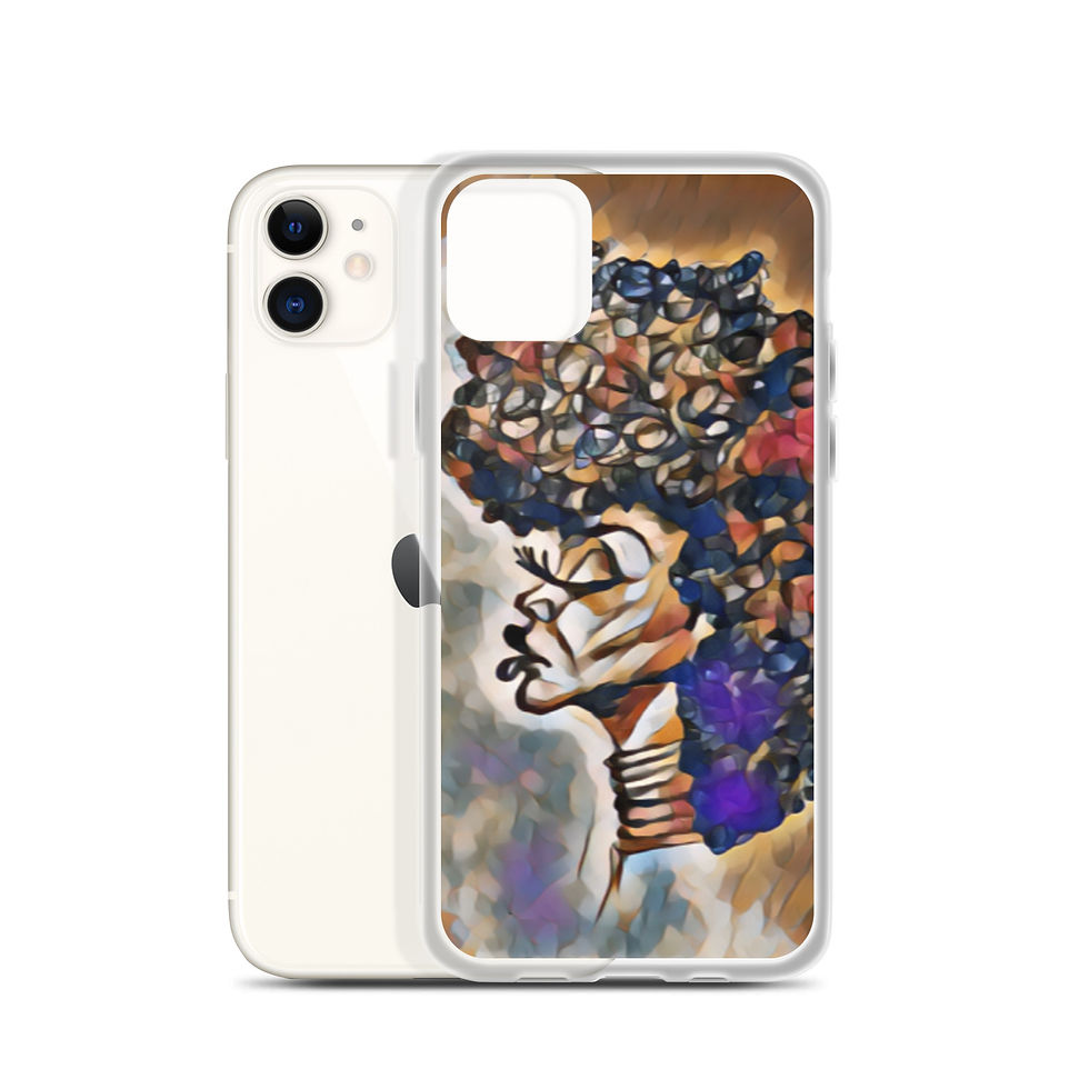 Thumbnail: An iPhone with a clear case featuring a vibrant, abstract African inspired art print. The print showcases a stylized profile of an African woman with an ornate and colorful hairstyle that resembles a blooming tree, set against a kaleidoscope of geometric shapes in rich hues. This phone case design combines modern technology with artistic expression.