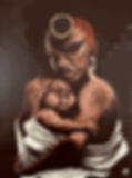 African artwork depicting a tender moment between a mother and her child. The mother, adorned with a traditional headpiece, lovingly cradles the child wrapped in a cloth. The painting's rich brown tones complement the room's neutral color palette.