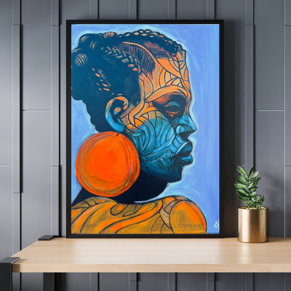 A side-profile acrylic painting of a Black woman with braided hair, detailed tribal-style facial markings in blue, and a large, vibrant orange circular earring. Her expression is serene and strong, with a light blue background adding contrast to her dark silhouette and warm-toned shoulder patterns.