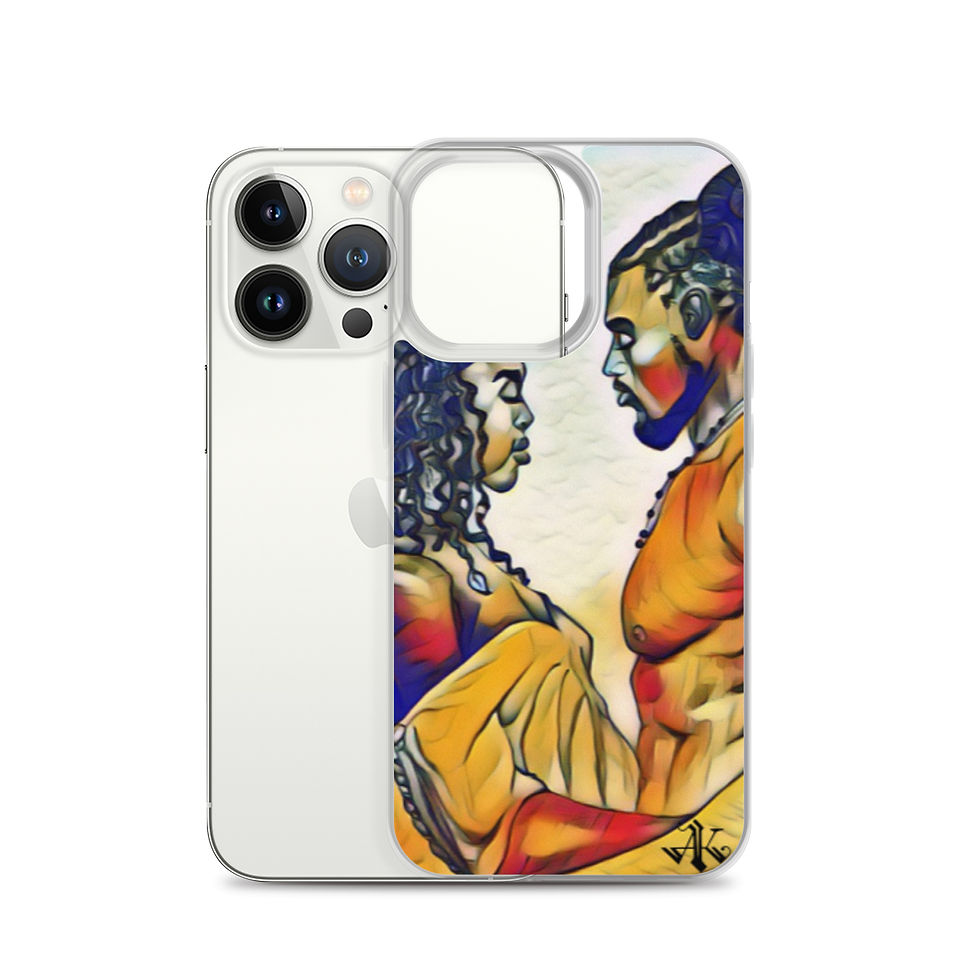 Thumbnail: A clear phone case for an iPhone showcasing a captivating, artistic rendering of two figures in profile facing each other, with their features highlighted in bold, swirling colors of yellow, orange, and blue. The artwork conveys a sense of intimacy and connection, and is signed by the artist in the lower right corner, adding a personal touch to the phone accessory.