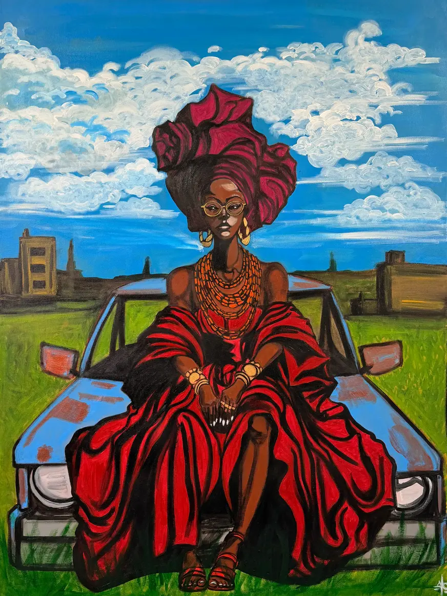 Woman in red headwrap sitting on a car, Sister’s Keeper