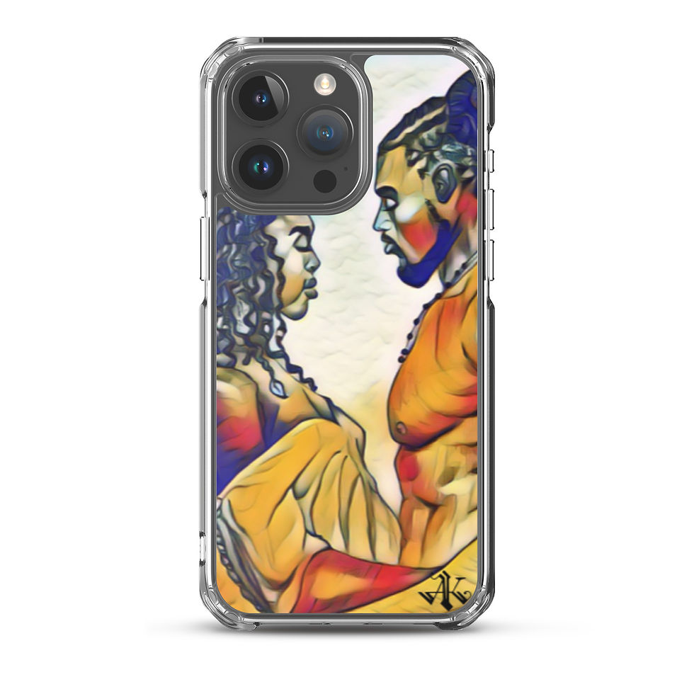Thumbnail: A clear phone case for an iPhone showcasing a captivating, artistic rendering of two figures in profile facing each other, with their features highlighted in bold, swirling colors of yellow, orange, and blue. The artwork conveys a sense of intimacy and connection, and is signed by the artist in the lower right corner, adding a personal touch to the phone accessory.