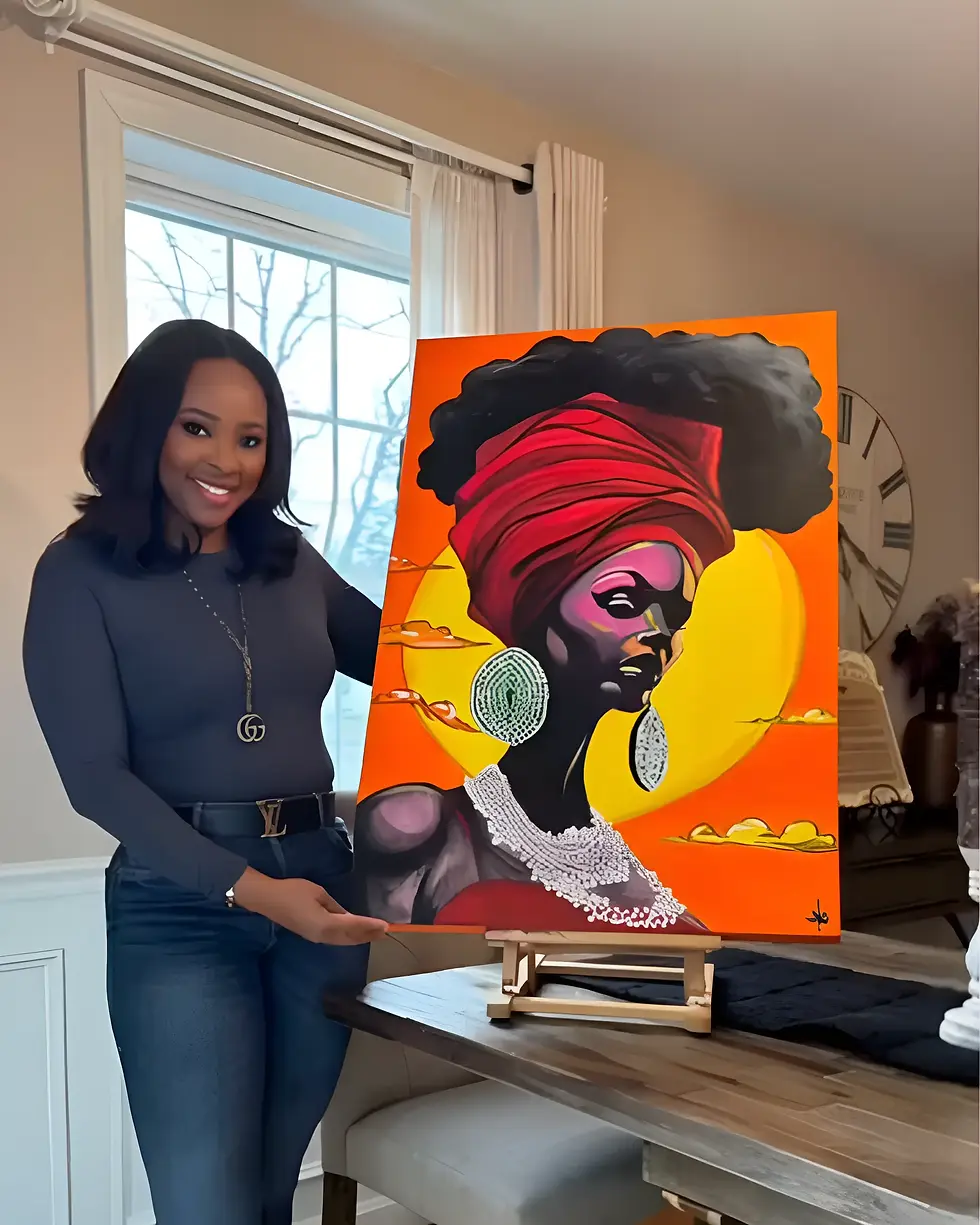 Woman presenting a vibrant commission painting on an easel.