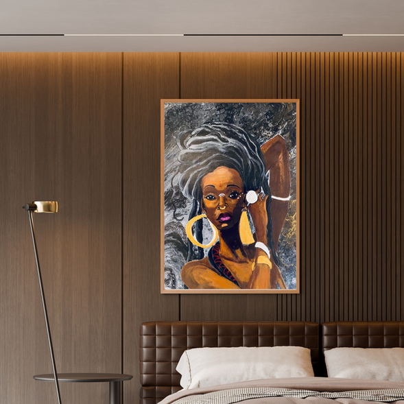 A powerful acrylic painting of a Black woman with long flowing locs, large gold hoop earrings, and facial adornments. She raises one arm behind her head as her textured hair blends into a marbled gray and black background. The portrait features rich brown skin tones, white facial markings, and bright pink lips.
