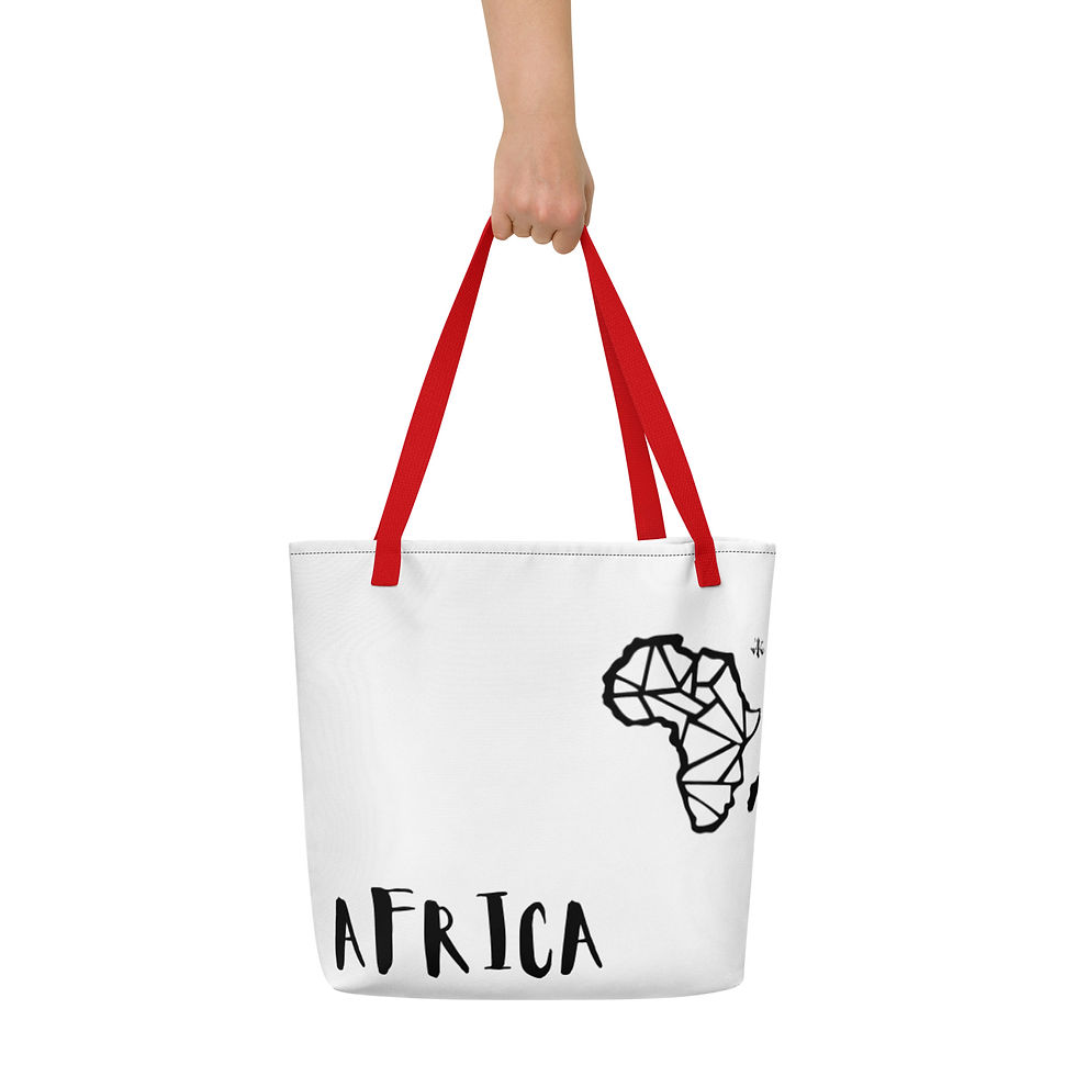 Thumbnail: A person hand holding a tote bag with a minimalist design featuring the African continent outlined in black geometric shapes on a white background. The word 'AFRICA' is boldly printed below the continent's silhouette, creating a modern and stylish statement piece. The bag has handles and appears to be made of a sturdy material, suitable for versatile use.