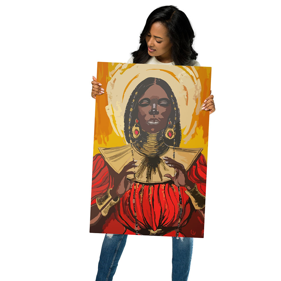 Thumbnail: A woman with a thoughtful expression is holding up a canvas with a painting of a figure adorned with traditional African jewelry. The figure in the painting wears large hoop earrings, multiple neck rings, and a vibrant red and gold dress. The background of the painting is a rich yellow, and the woman examining the art is dressed casually in a cream top and blue jeans.