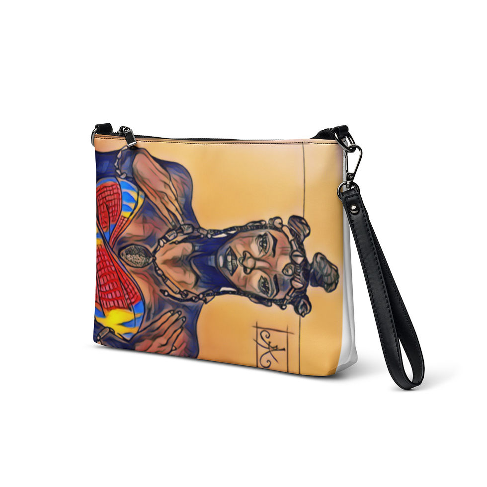 Thumbnail: A designer clutch bag with a wrist strap, featuring a african inspired artwork of a vibrant and colorful illustration of a figure on its surface. The illustration shows a person with a stylized pose and attire, set against a warm, tan background. The unique design of the clutch, combining art with fashion, makes it a standout accessory. The image is isolated on a white background, ideal for presenting the product in an online store.