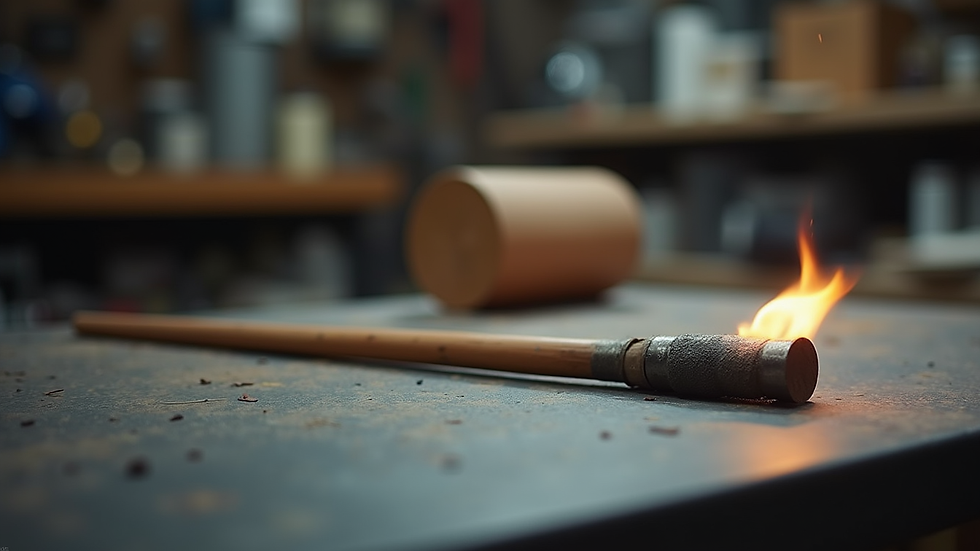 Eye-level view of a folded telescopic hot stick on a workbench