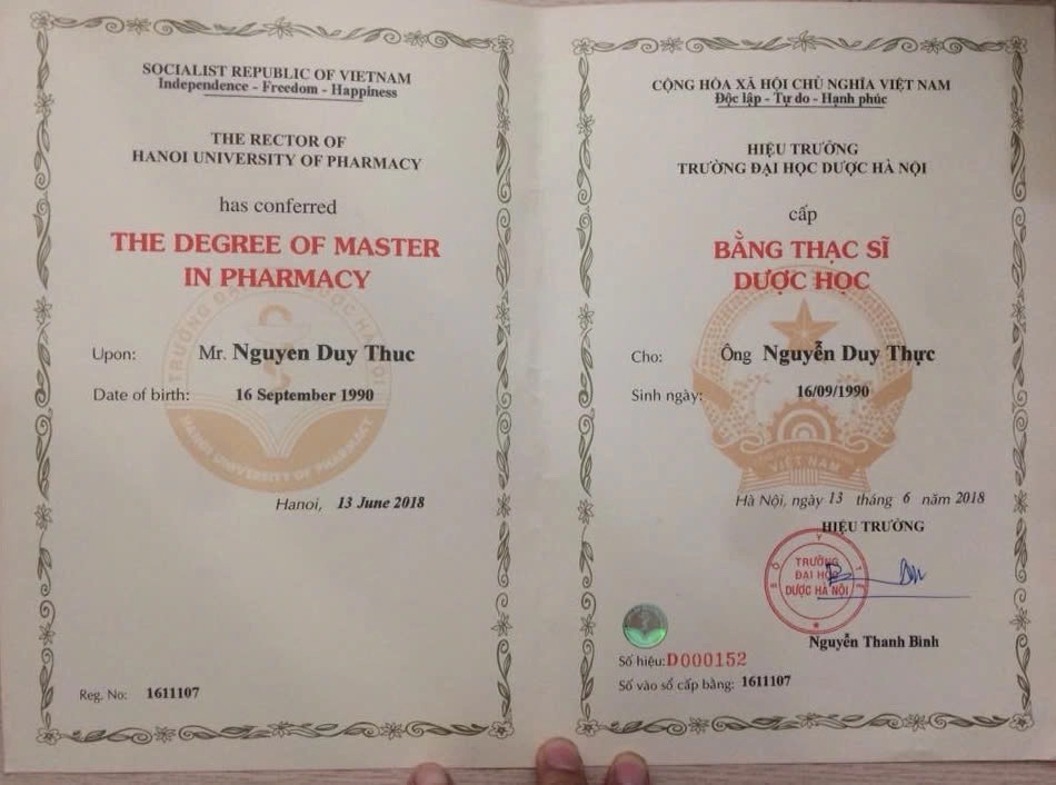 A Master of Pharmacy degree certificate awarded to Nguyen Duy Thuc by Hanoi University of Pharmacy on June 13, 2018. The document is presented in both Vietnamese and English, signed by the university rector, and includes an official red stamp and registration number.