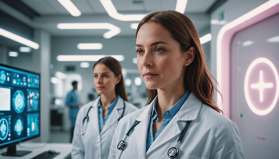 Two focused doctors in white coats with stethoscopes stand in a modern medical lab, glowing computer screens in the background.