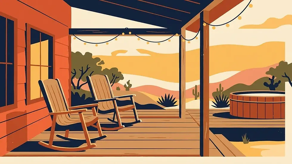 Cozy Texas Hill Country cabin porch at golden hour, ideal for the best cohost Fredericksburg TX property management