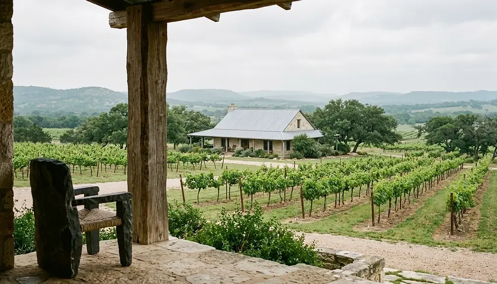Hill country map view of a Fredericksburg vineyard rental porch overlooking limestone hills and grapevines