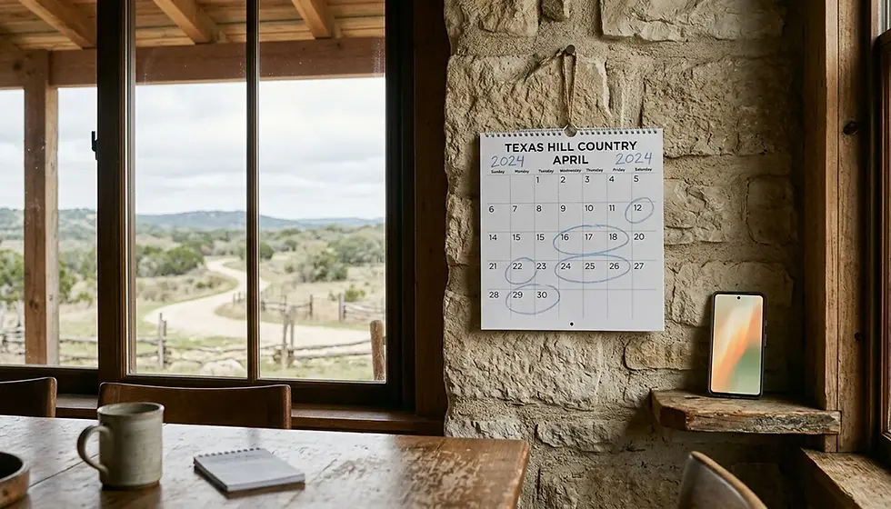 Wall calendar with circled booking dates and a smartphone showing revenue management trends in a Fredericksburg hill country cabin