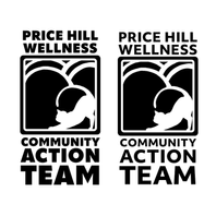 Graphic Identities for a wellness group. In both identities, a cat stretches its back with its tai in the foreground of hill-like lines, mimicking the curvilinear movement. Above the graphic elements reads: PRICE HILL WELLNESS. Below the graphic elements reads: COMMUNITY ACTION TEAM. The identity on the left has a heavier font face, the identity on the right has a less heavy font face. The font is a sans-serif, block text and all capitals.