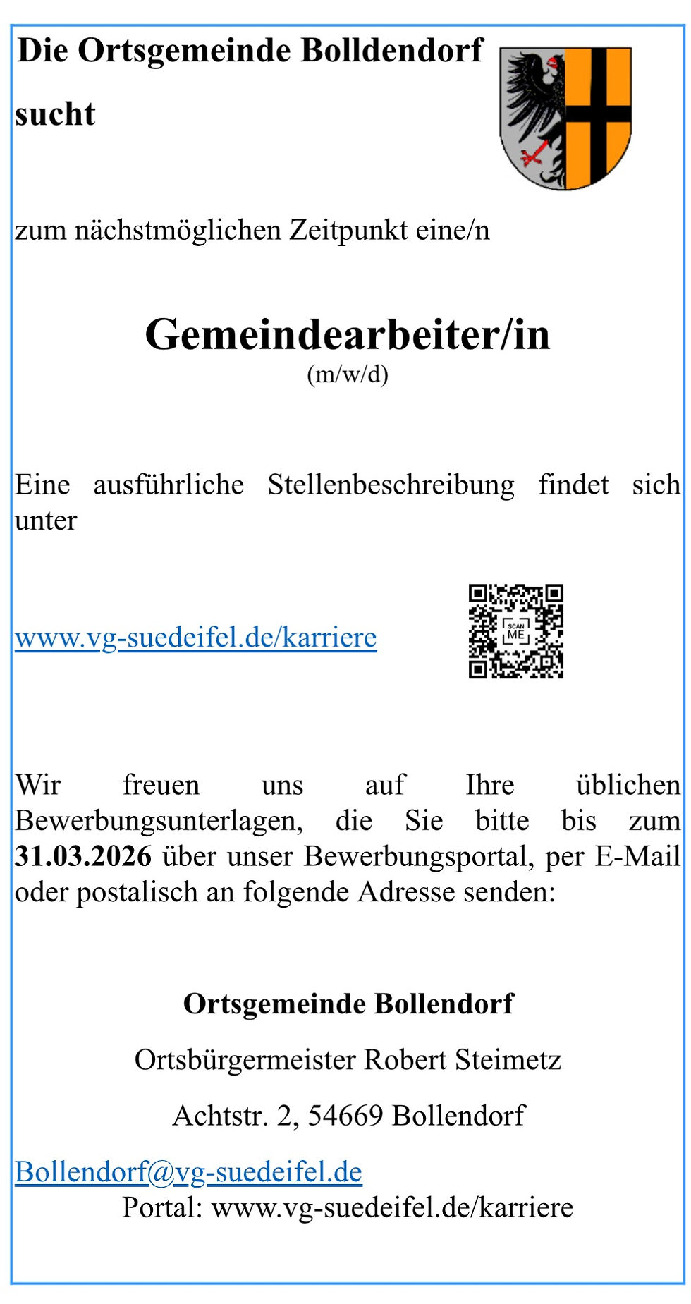 Werde Gemeindearbeiter für die Ortsgemeinde Bollendorf (m/w/d)