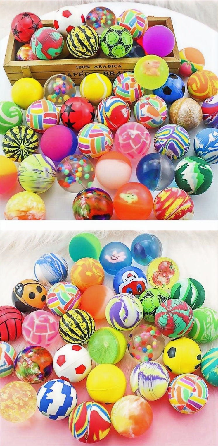 Assorted 32mm bouncy balls in vibrant colors and fun designs, perfect for party favors