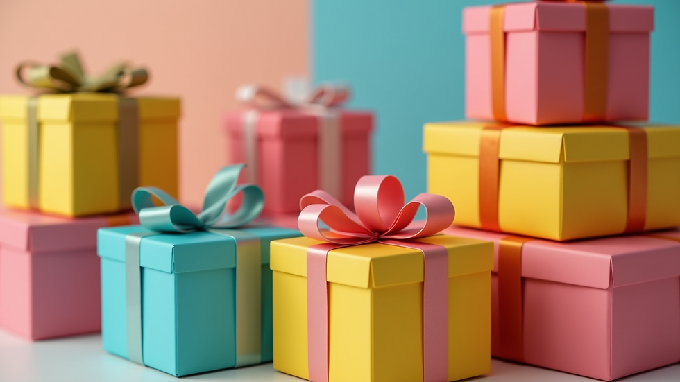 Close-up view of colourful party gift boxes stacked neatly