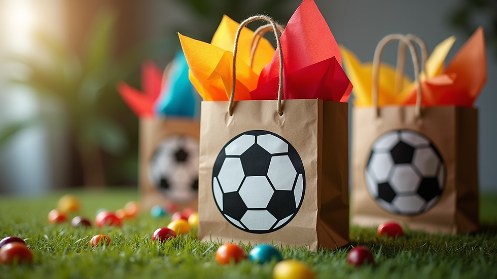Close-up view of a football-themed party bag filled with favours and wrapped in colourful tissue paper