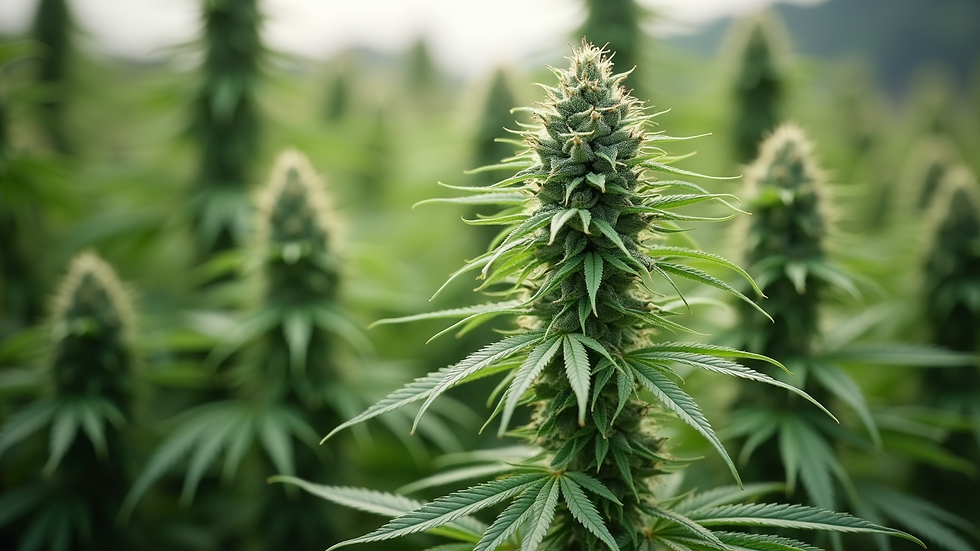 Eye-level view of a tall Sativa cannabis plant with slender leaves