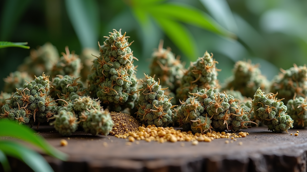Wide angle view of a diverse cannabis strain selection including Indica, Sativa, and hybrid