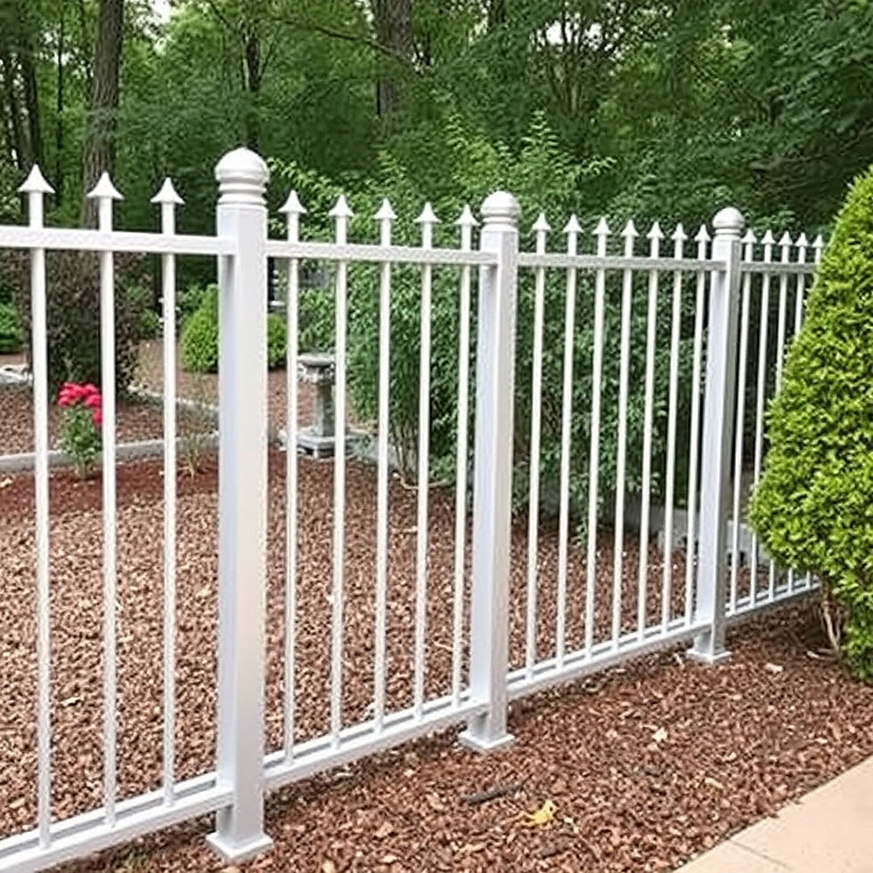 White fence stands tall; Aluminum Fence Types protecting garden and landscape