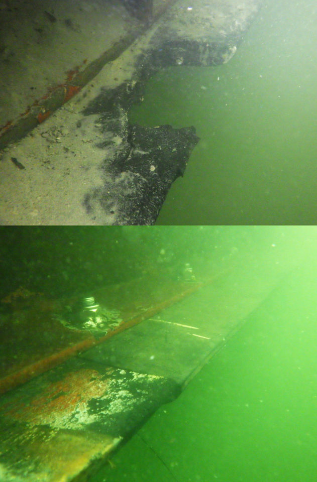 seal damaged onderwaterwerken lassen reparaties hopper barge splijtbak argo diving services underwater contractor