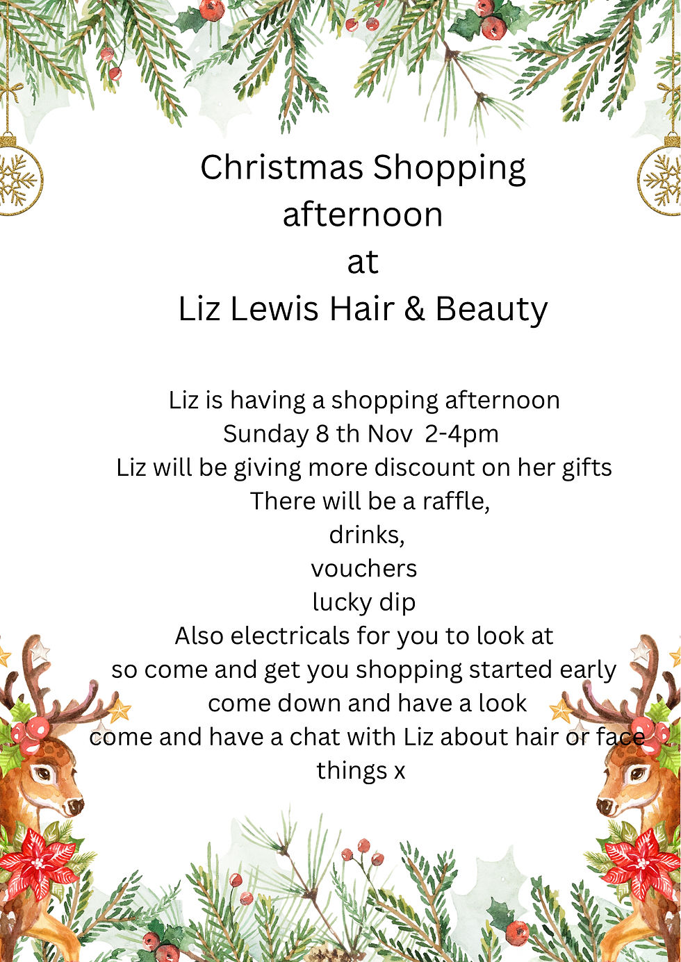 Christmas shopping afternoon at Liz lewis hair studio Sunday 8 th Nov 2-4 pm
