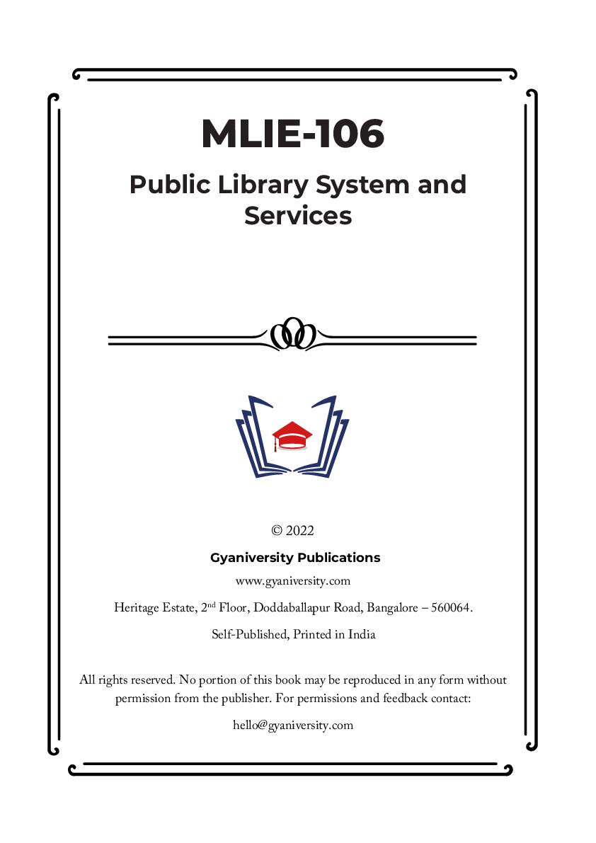 Thumbnail: MLIE-106: Public Library System and Services (IGNOU Guide Book)