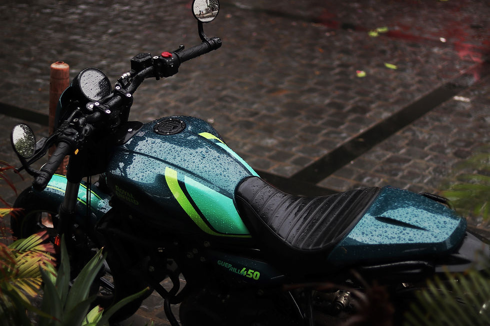 Rider ergonomics are sporty but comfortable. Flat, wide handlebar is perfect for the attitude this motorcycle conveys. And it looks gorgeous drenched in rain!
