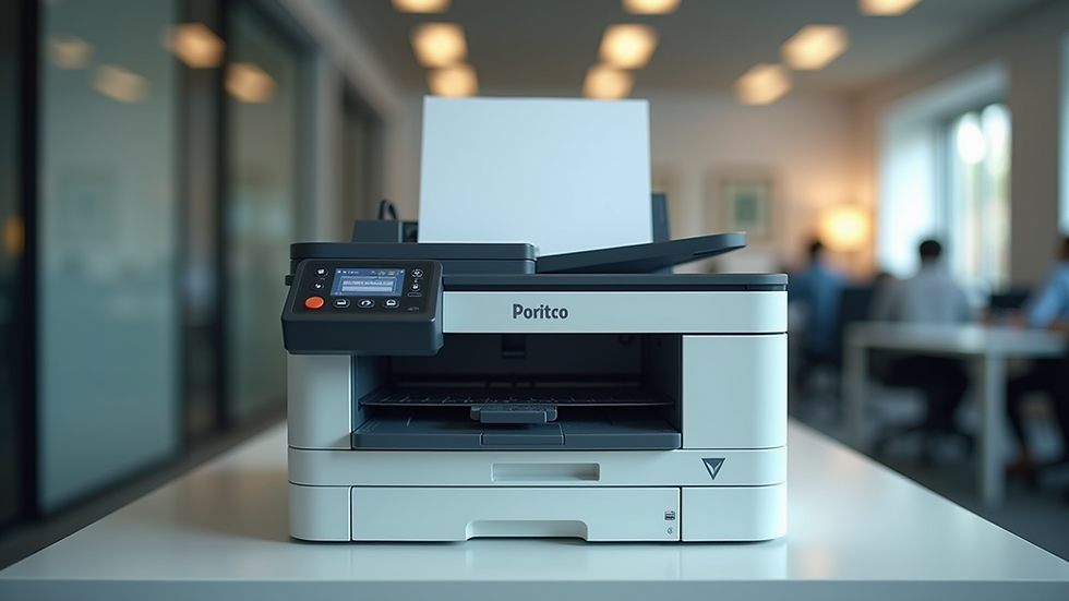 Eye-level view of a modern printer in an office setting