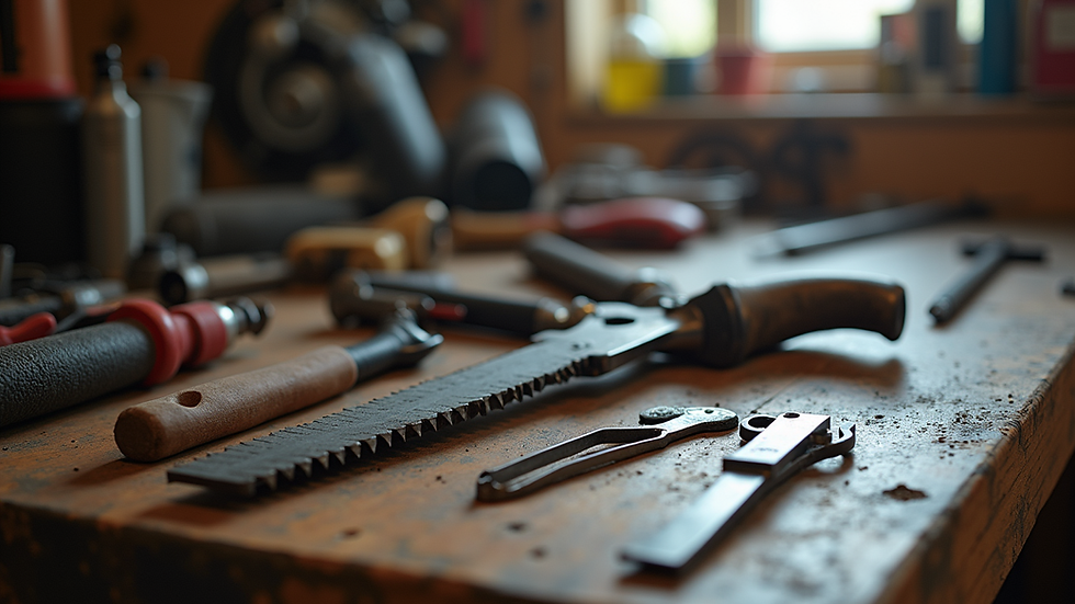 Close-up view of tradie tools and equipment on a workbench