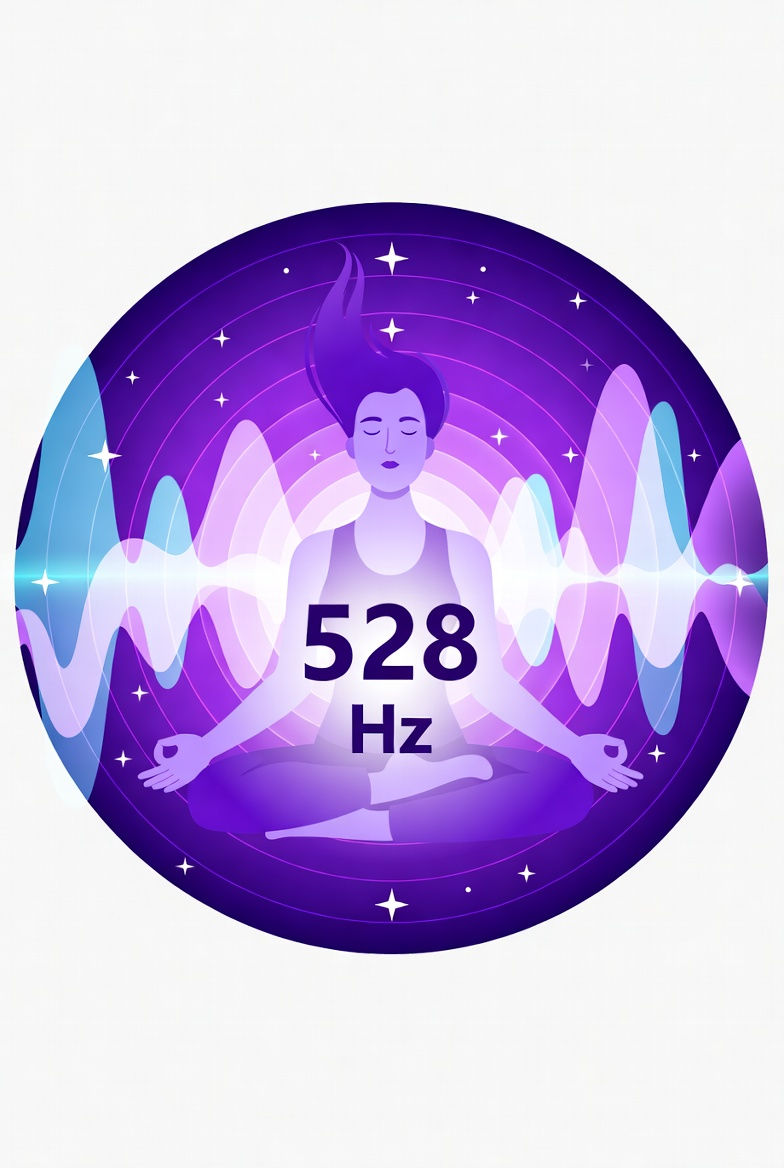 Vibrant vector icon of a person meditating inside glowing purple concentric circles and sound waves with 528 Hz label, frequency-based sound healing meditation illustration